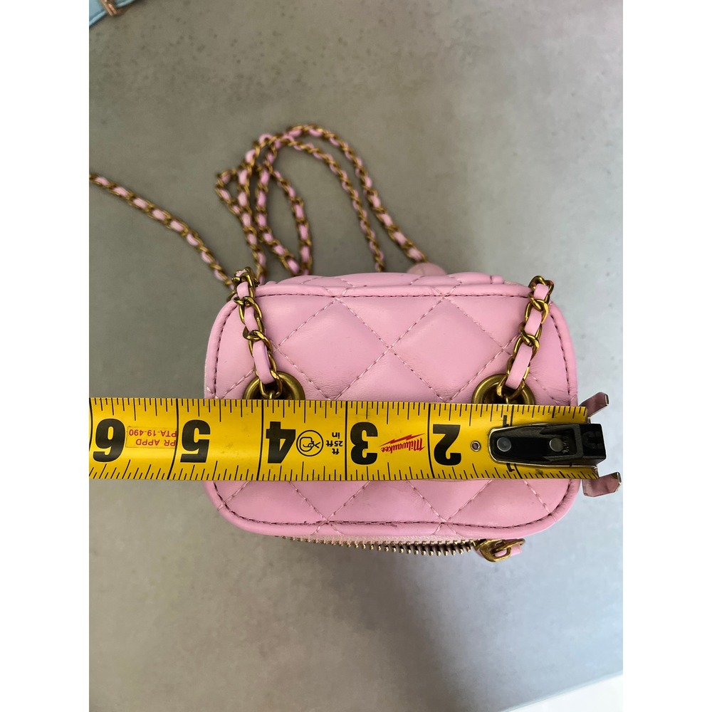 Pink Quilted Mini Vanity Case Crossbody Bag Gold Chain Flower Charm Boho Chic - Picture 11 of 12